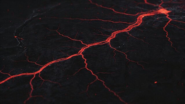 The image displays a dark background with scattered red branching patterns resembling a network.