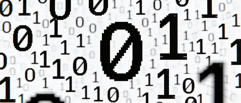 The image displays a digital pattern of numerous sequences of binary code consisting of 0s and 1s in a dense arrangement.