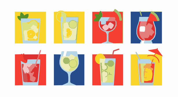 Summer drinks vector set lemonade cocktails mocktails watermelon strawberry mango flat illustration isolated on white background