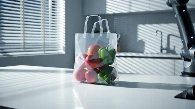 Robot arm holding bag of fresh peppers and apples in bright modern kitchen