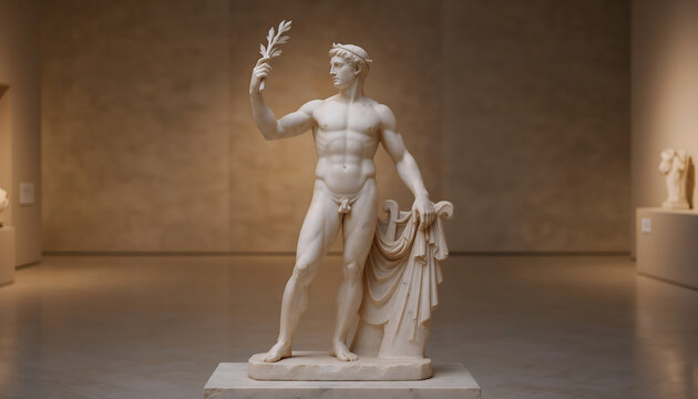 Greek mythological god apollo marble statue holding laurel branch
