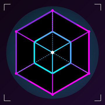 Glowing neon tesseract hypercube graphic representation with purple and blue lines on dark digital background
