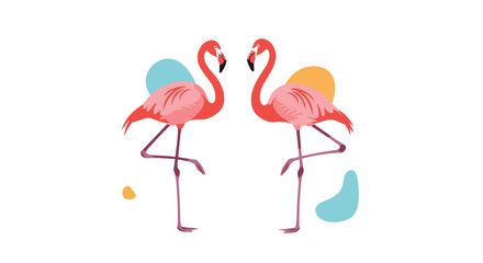 Obraz premium Artistic illustration of two pink flamingos facing each other with abstract colorful shapes representing grace and beauty.