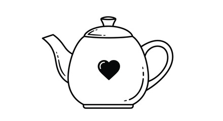 Obraz premium Simple black and white line drawing of a classic teapot decorated with a single black heart on white background.