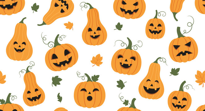 Fun seamless pattern featuring various orange jack o lantern pumpkins with different spooky and silly facial expressions for Halloween.