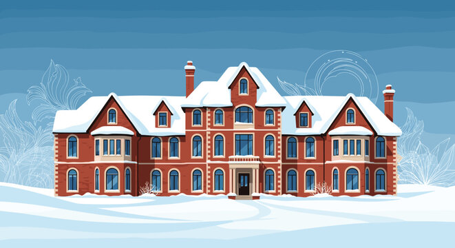 Grand red brick mansion or school building with many windows covered in snow during a bright winter day for prestigious themes.