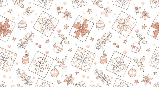 Elegant seamless pattern with wrapped Christmas gift boxes, holly branches, and ornaments in soft pink and beige tones.
