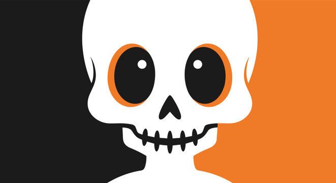 Close-up illustration of a cute cartoon skull with large eyes set against a split black and orange background for halloween.