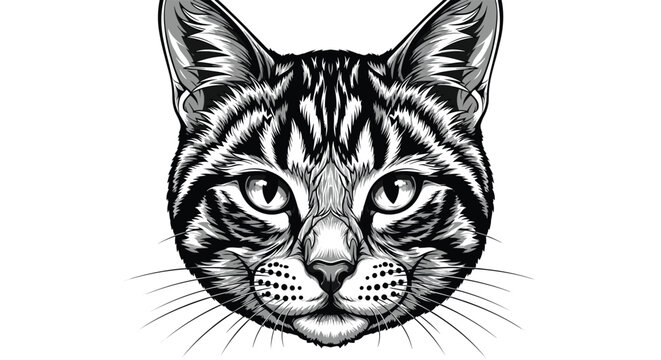 Detailed black and white vector portrait of a cat face with striking tabby patterns, realistic animal illustration for pet care and design.