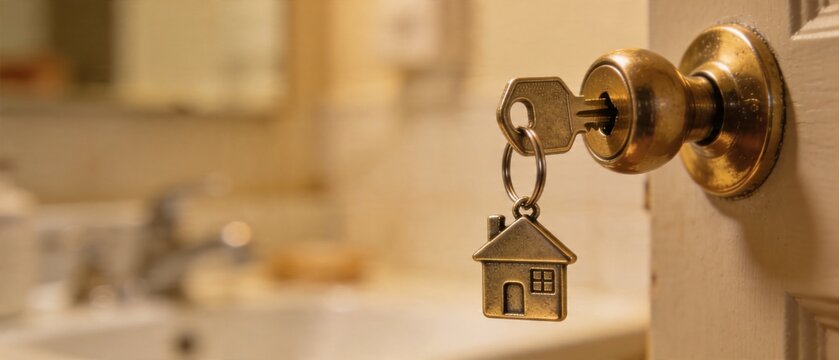 A close-up view of a keyring with two keys attached to it shows a house keychain near a bathroom sink.