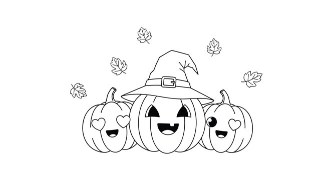 Set of three cute halloween pumpkins with funny faces and a witch hat, black and white line art illustration for seasonal coloring activities.
