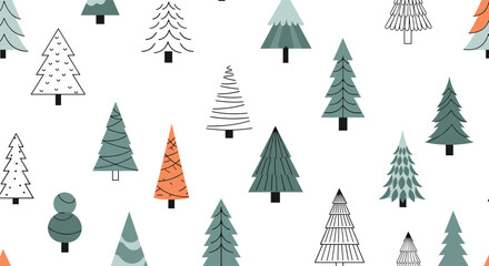 Obraz premium Modern seamless pattern features various stylized pine and fir trees in shades of green and orange on a clean white background.