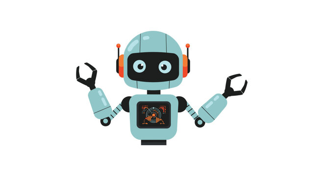 Friendly blue robot character with orange details and claw hands is depicted in a modern and clean digital illustration for technology.