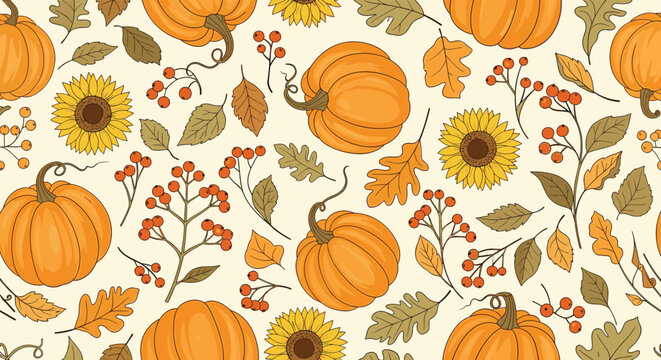 Autumn seamless pattern with vibrant pumpkins, sunflowers, berries, and fallen leaves creates a warm and festive seasonal background.