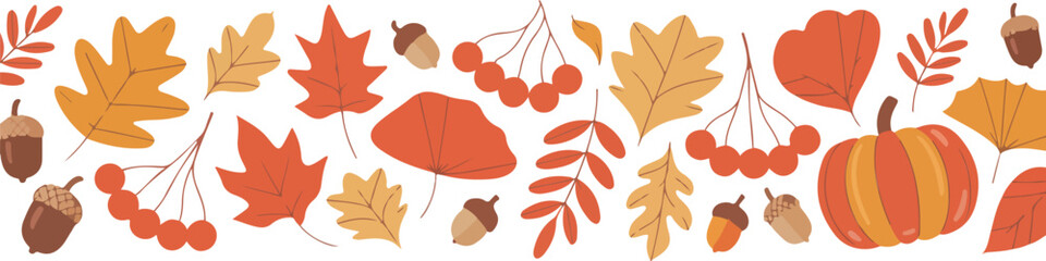 Autumn seamless border pattern with maple leaves acorns berries and pumpkin warm fall colors flat minimalist vector design © MD