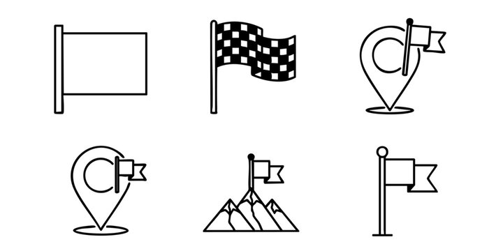 A collection of six flag icons and location markers on a white background