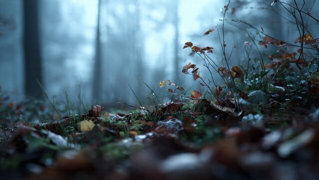 Misty Forest Floor with Autumn Leaves