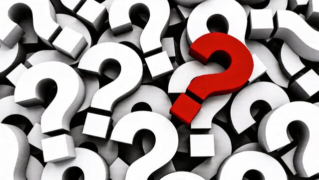 The image displays a red question mark standing out among numerous white question marks.