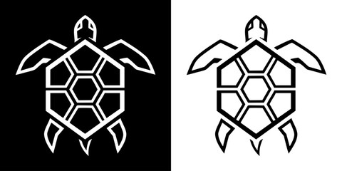 Turtle silhouettes against contrasting black and white backgrounds showcase an animal. © Dhani