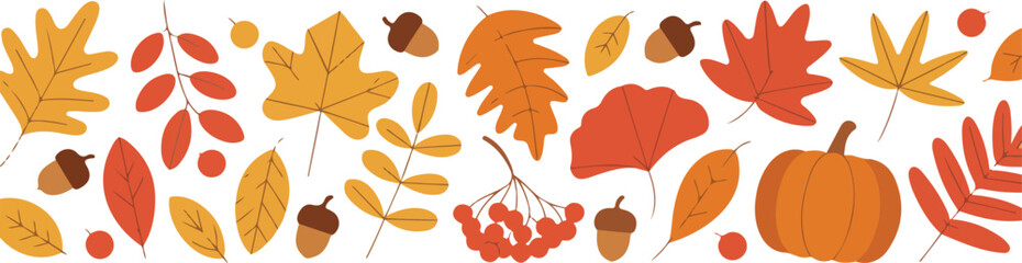 Autumn seamless border pattern with maple leaves acorns berries and pumpkin warm fall colors flat minimalist vector design © MD