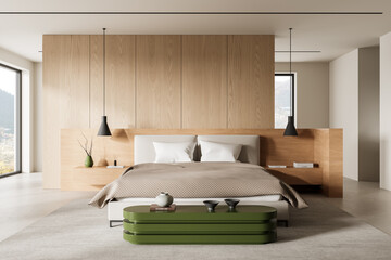 Naklejka premium Minimalist modern bedroom interior with wooden wall panels, neutral bedding, pendant lighting, green table, and serene architecture-inspired design. 3D Rendering