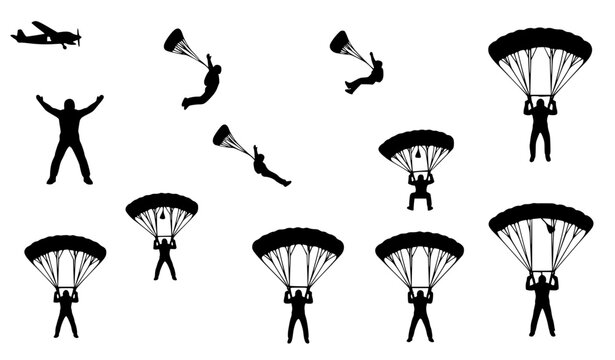 Parachuting skydiver silhouette vector set with dynamic free fall poses and parachute opening stages for sports infographic design isolated on white