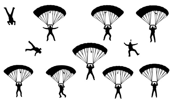 Extreme sports skydiver silhouettes vector illustration collection with parachute deployment action poses isolated for adventure and aviation graphics