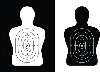 Minimal shooting target silhouettes with numbered rings and center mark black and white flat vector design illustration © MD