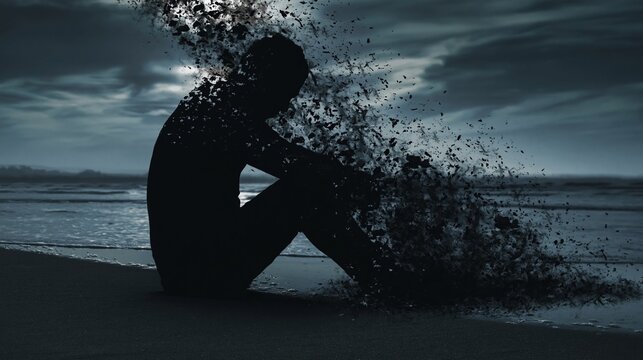 Silhouette of a person disintegrating into particles