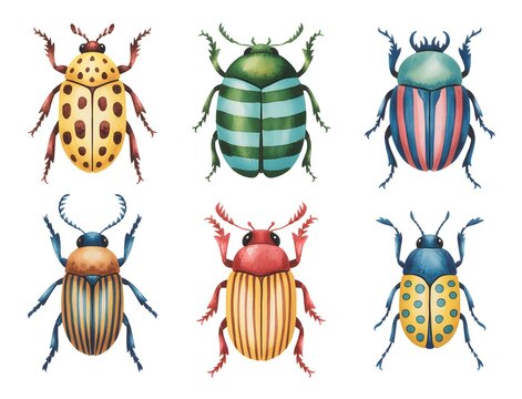 Collection of six colorful beetles with different patterns and textures on white background