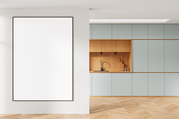Fototapeta premium Minimalist kitchen interior with wooden accents and large vertical blank frame mockup on white wall in bright modern home design. 3D Rendering