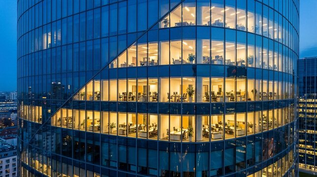 Modern glass office building at night for corporate website header or business report