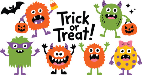 Naklejka premium Cute Halloween monsters illustration with Trick or Treat text colorful cartoon characters festive spooky design flat vector on white