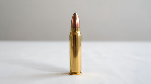 A single gold rifle bullet with copper tip on white surface