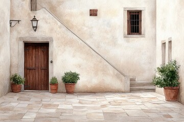 Fototapeta premium Charming winding alley in old Italian village in watercolor painting style, scenic street