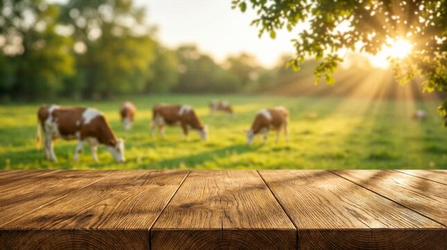 Rustic wooden table in front of grazing cattle field for farm-to-table food background