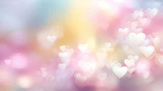 Soft pastel background with glowing white heart shapes floating, a dreamy and romantic atmosphere, pink heart background