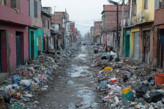 Dirty slum street with garbage, broken infrastructure, and missing basic services