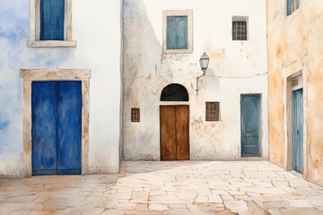 Fototapeta premium Old European city narrow alley in watercolor painting style, historic urban street