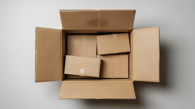 An open cardboard box filled with smaller cardboard packages ready for shipping or storage