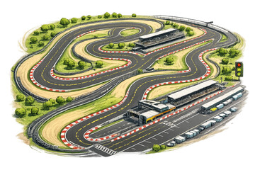 Racing circuit with pit and grandstand, racing circuit, motorsport track, pit lane, grandstand, race track, Formula racing circuit, stadium seating, motorsport event, high speed track, racing venue, p © Tita