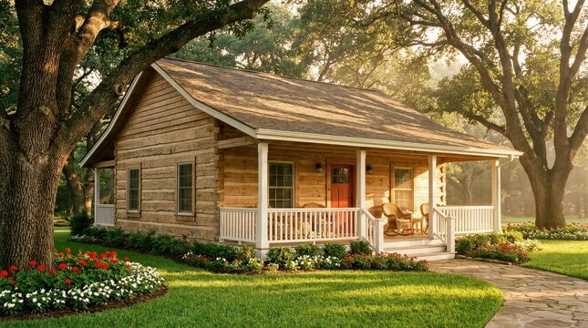 Picturesque log home for garden landscaping portfolio or architecture project header