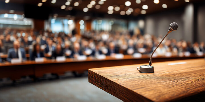 Empty wooden podium with microphone in front of conference audience