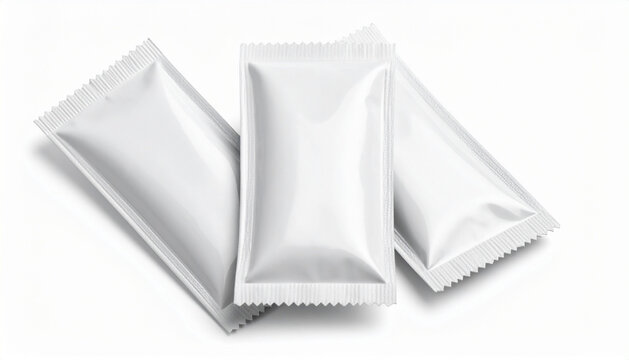 Blank white foil sachet packets mockup on white background