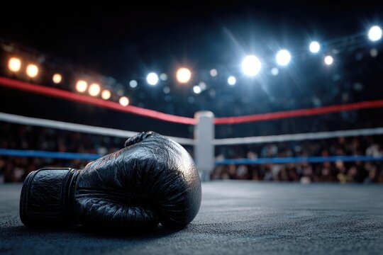 A black boxing glove rests on the canvas of a brightly lit boxing ring, capturing the intensity and anticipation of a championship fight.