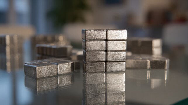 Arrangement of metallic silver ferrite magnets on glass surface with unique geometric pattern and reflective texture