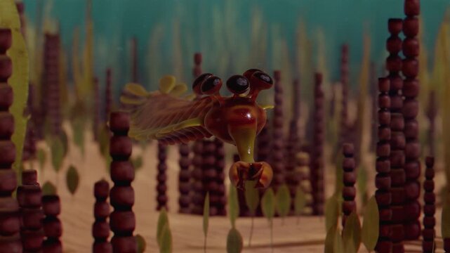 3D animation of the Cambrian marine creature, Opabinia regalis, swimming in the water. Video shows its detailed anatomy, including its five eyes and long frontal proboscis with a terminal claw.