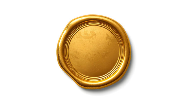 Golden wax seal on a white background is a blank round stamp designed for certificates or letters, characterized by a vintage style.