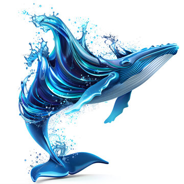 Summer 2.5D illustration of blue glass whale jumping in sea waves. Ocean vacation concept