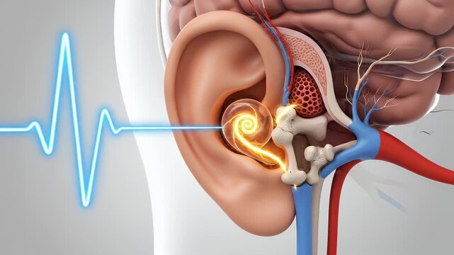 Detailed CGI 3D Cutaway of the Human Ear Illustrating the Normal Hearing Process with Sound Waves and Anatomical Structures on a Clean Medical Background for Educational and Scientific Presentations